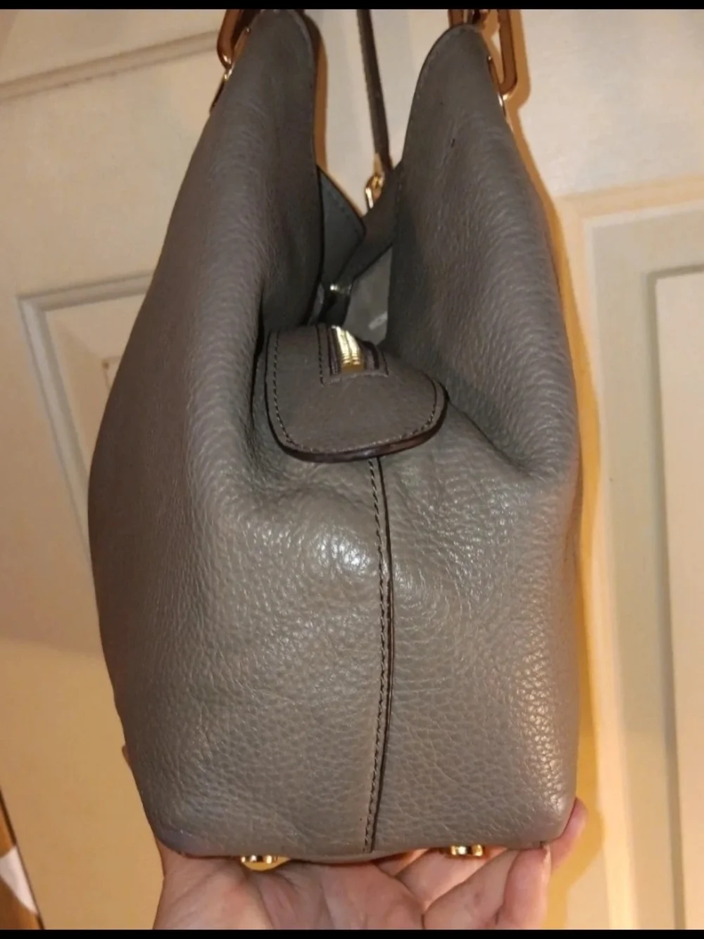 Michael Kors Taupe Pebbled Leather Shoulder Tote with Gold Hardware